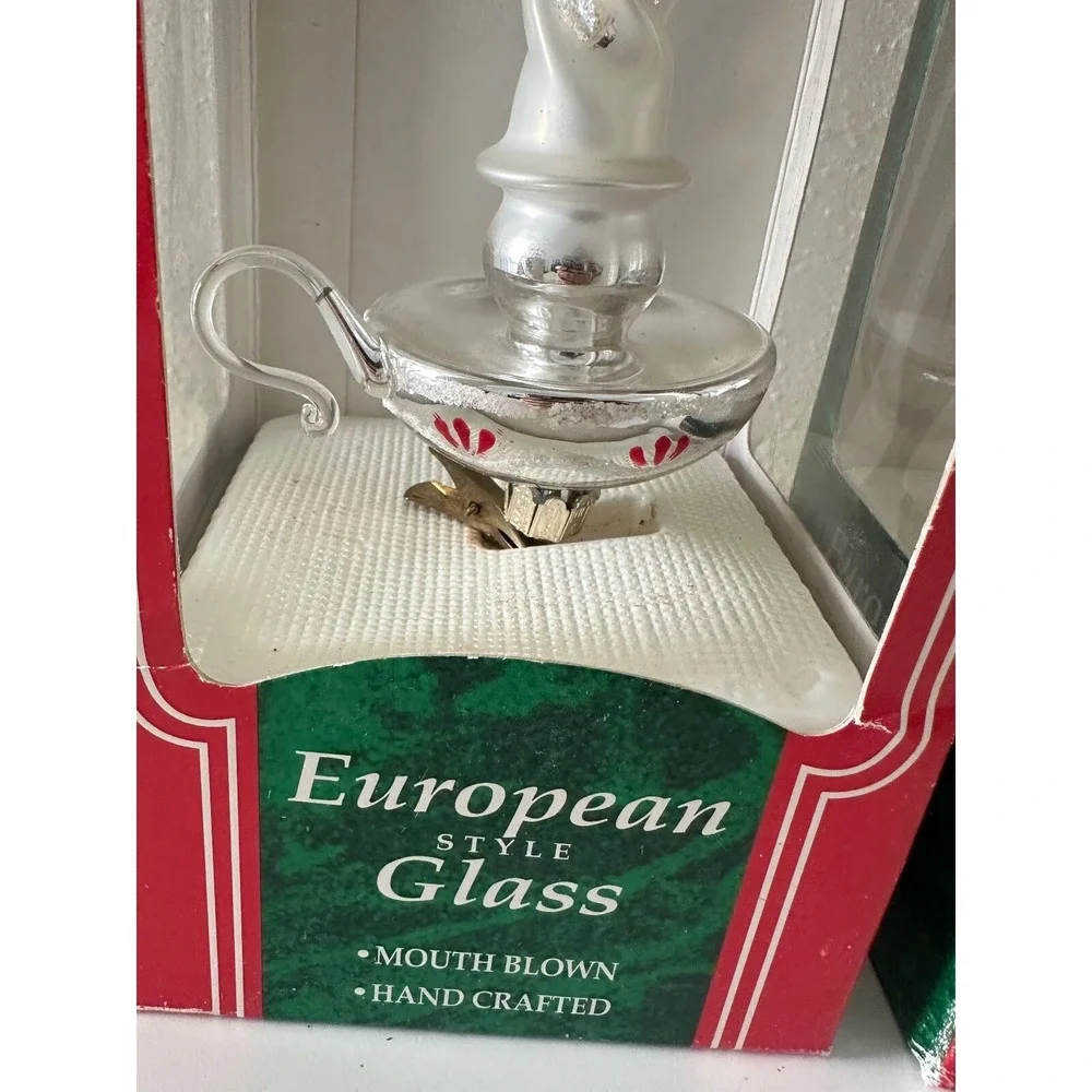 Christmas Ornament Candlestick European Hand Blown Glass Clip On Figural‎ Set 2